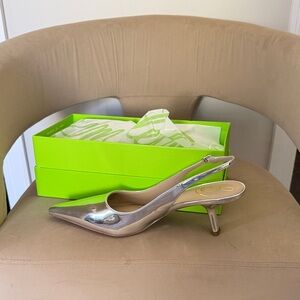 Sam Edelman Metallic Silver Pointed-Toe Slingback Kitten Heel